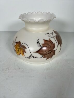 Hurricane Milk Glass White Lantern Shade with Brown and Yellow Leaf Design